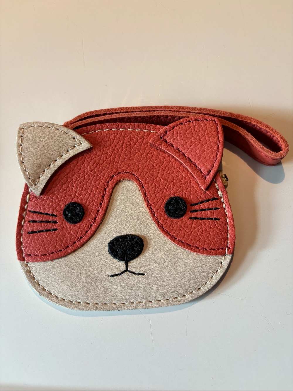 Portland Leather Zipper Kitten (Cat) Pouch in Bone and Coral - NEW